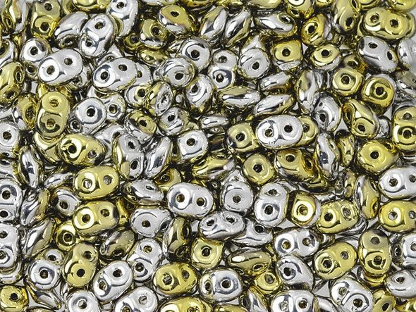 Metallic gold and silver colors shine in these Matubo SuperDuo beads. Create intricate jewelry designs with Czech glass seed beads! Featuring a unique shape and two stringing holes, these seed beads add a special touch of creativity to your designs. They have tapered edges and nest up nicely when strung, making them ideal for floral and woven designs. Add a special touch to your jewelry with Czech glass seed beads!  