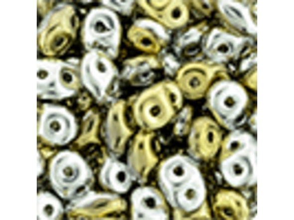 Metallic gold and silver colors shine in these Matubo SuperDuo beads. Create intricate jewelry designs with Czech glass seed beads! Featuring a unique shape and two stringing holes, these seed beads add a special touch of creativity to your designs. They have tapered edges and nest up nicely when strung, making them ideal for floral and woven designs. Add a special touch to your jewelry with Czech glass seed beads!  