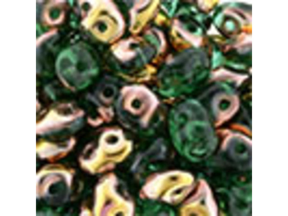 Emerald green color mixes with metallic gold and copper in these Matubo SuperDuo beads. Create intricate jewelry designs with Czech glass seed beads! Featuring a unique shape and two stringing holes, these seed beads add a special touch of creativity to your designs. They have tapered edges and nest up nicely when strung, making them ideal for floral and woven designs. Add a special touch to your jewelry with Czech glass seed beads!  