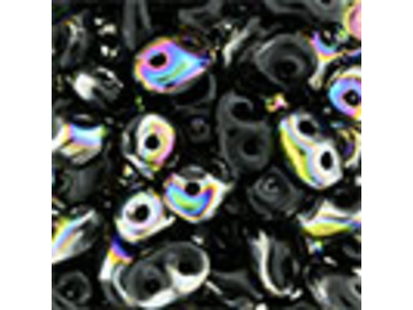 bold black color combines with iridescent rainbow colors in these Matubo SuperDuo beads. Create intricate jewelry designs with Czech glass seed beads! Featuring a unique shape and two stringing holes, these seed beads add a special touch of creativity to your designs. They have tapered edges and nest up nicely when strung, making them ideal for floral and woven designs. Add a special touch to your jewelry with Czech glass seed beads!  