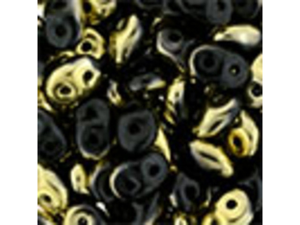 Gleaming black color combines with shining metallic gold in these Matubo SuperDuo beads. Create intricate jewelry designs with Czech glass seed beads! Featuring a unique shape and two stringing holes, these seed beads add a special touch of creativity to your designs. They have tapered edges and nest up nicely when strung, making them ideal for floral and woven designs. Add a special touch to your jewelry with Czech glass seed beads!  