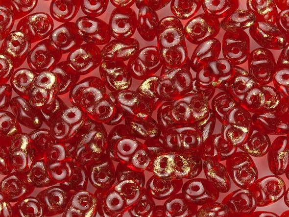 Bring regal color to your designs with the SuperDuo 2-hole marbled gold Siam ruby seed beads. These seed beads are unique in that they feature an innovative oval shape and two stringing holes. The side edges taper at both ends, making them perfect for floral motifs. When strung, these beads link up nicely. They are excellent for using in woven seed bead designs and will add variety of shape. These beads feature a ruby red color with a dusting of gold color decorating the surface. Each tube contains approximately 125 beads. Size can and will vary with each bead due to the manufacturing process. 