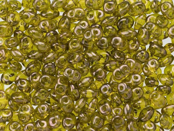 Yellow-green color with a purple gleam fills these Matubo SuperDuo beads. Create intricate jewelry designs with Czech glass seed beads! Featuring a unique shape and two stringing holes, these seed beads add a special touch of creativity to your designs. They have tapered edges and nest up nicely when strung, making them ideal for floral and woven designs. Add a special touch to your jewelry with Czech glass seed beads!  