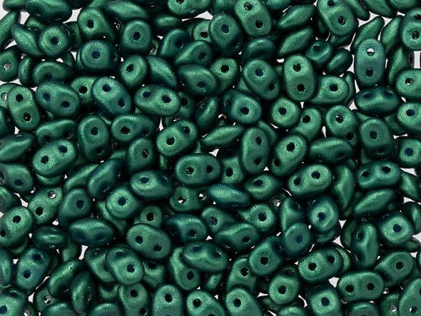 Luxurious emerald green color with a subtle shimmer fills these Matubo SuperDuo beads. Create intricate jewelry designs with Czech glass seed beads! Featuring a unique shape and two stringing holes, these seed beads add a special touch of creativity to your designs. They have tapered edges and nest up nicely when strung, making them ideal for floral and woven designs. Add a special touch to your jewelry with Czech glass seed beads!  