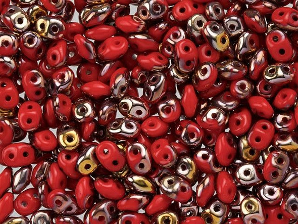 Eye-catching opaque red color mixes with metallic gold and copper in these Matubo SuperDuo beads. Create intricate jewelry designs with Czech glass seed beads! Featuring a unique shape and two stringing holes, these seed beads add a special touch of creativity to your designs. They have tapered edges and nest up nicely when strung, making them ideal for floral and woven designs. Add a special touch to your jewelry with Czech glass seed beads!  