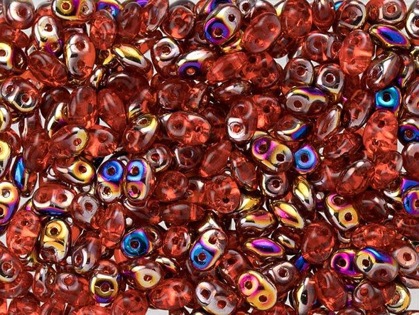 Fiery and bright red color combines with iridescent gold, purple, and blue tones in these Matubo SuperDuo beads. Create intricate jewelry designs with Czech glass seed beads! Featuring a unique shape and two stringing holes, these seed beads add a special touch of creativity to your designs. They have tapered edges and nest up nicely when strung, making them ideal for floral and woven designs. Add a special touch to your jewelry with Czech glass seed beads!  