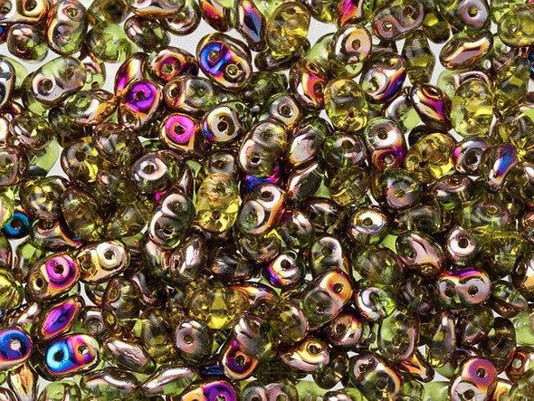 Olive green color combines with shining iridescent gold, copper, and purple tones in these Matubo SuperDuo beads. Create intricate jewelry designs with Czech glass seed beads! Featuring a unique shape and two stringing holes, these seed beads add a special touch of creativity to your designs. They have tapered edges and nest up nicely when strung, making them ideal for floral and woven designs. Add a special touch to your jewelry with Czech glass seed beads!  