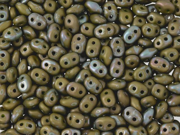 Matte olive green color with a shimmering stardust blue finish fills these Matubo SuperDuo beads. Create intricate jewelry designs with Czech glass seed beads! Featuring a unique shape and two stringing holes, these seed beads add a special touch of creativity to your designs. They have tapered edges and nest up nicely when strung, making them ideal for floral and woven designs. Add a special touch to your jewelry with Czech glass seed beads!  