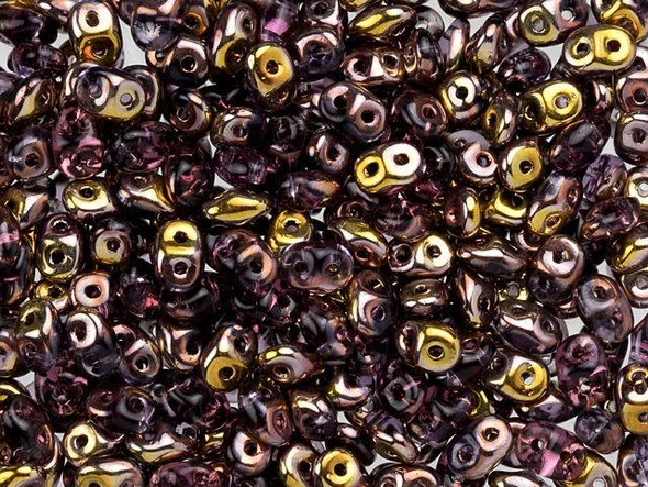 Create a regal touch with these Matubo SuperDuo beads. Create intricate jewelry designs with Czech glass seed beads! Featuring a unique shape and two stringing holes, these seed beads add a special touch of creativity to your designs. They have tapered edges and nest up nicely when strung, making them ideal for floral and woven designs. Add a special touch to your jewelry with Czech glass seed beads! They feature rich purple color with flashes of metallic gold and copper.  