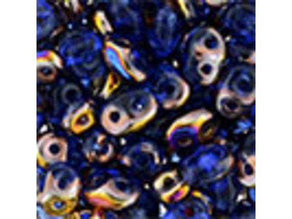 Deep sapphire blue color combines with iridescent gold, copper, and purple tones in these Matubo SuperDuo beads. Create intricate jewelry designs with Czech glass seed beads! Featuring a unique shape and two stringing holes, these seed beads add a special touch of creativity to your designs. They have tapered edges and nest up nicely when strung, making them ideal for floral and woven designs. Add a special touch to your jewelry with Czech glass seed beads!  