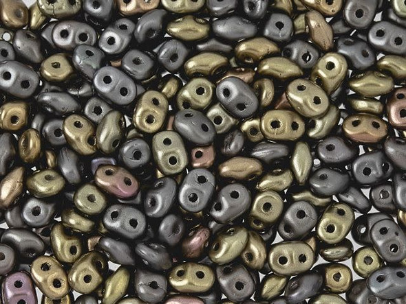 Pewter and dark gold tones with a matte metallic sheen fill these Matubo SuperDuo beads. Create intricate jewelry designs with Czech glass seed beads! Featuring a unique shape and two stringing holes, these seed beads add a special touch of creativity to your designs. They have tapered edges and nest up nicely when strung, making them ideal for floral and woven designs. Add a special touch to your jewelry with Czech glass seed beads!  