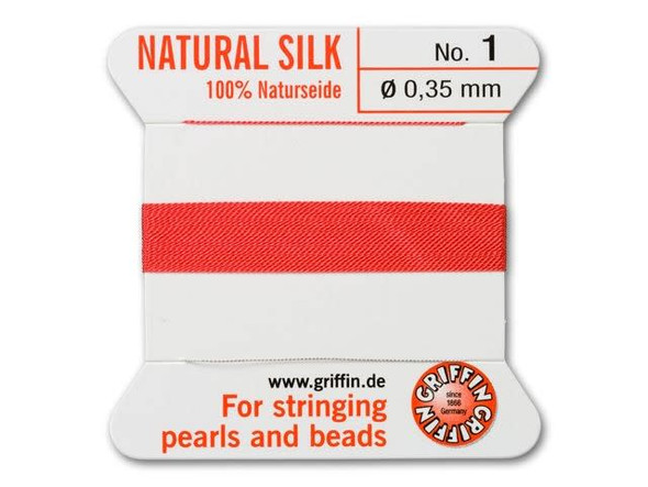 The coral Griffin silk beading cord is perfect for knotting between freshwater pearls, PRESTIGE Crystal Components pearls, or any of your favorite beads. Soft and smooth, silk jewelry cord has been the choice of beaders for centuries. Try knotting with a contrasting color, or using the bead cord to make tin cup necklaces out of the brightly colored silk. Each 100% silk bead cord has a twisted stainless steel needle at the end, which saves threading time. Doubling the thread is unnecessary, and the cord can be easily knotted because the thread has the correct twist. Each card contains approximately 79 inches of cord. 