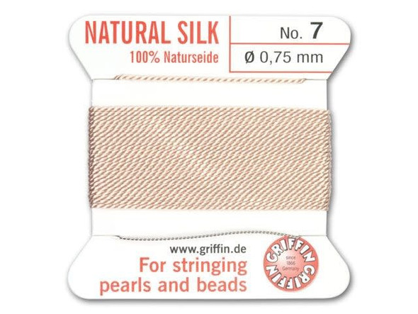 Add subtle color between your beads by knotting them with this .75mm light pink Griffin bead cord. The cord is 100% silk and is made from high-grade natural silk filament. It is approximately 79 inches long and comes pre-threaded onto a flexible stainless steel needle. Griffin uses a specific manufacturing process for their silk cord that puts just the right amount of tension on the thread and avoids tangling and knotting.