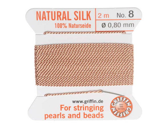 Griffin Silk Beading Cord & Needle, Size 8 (0.8mm), 2 Meters, Light Pink