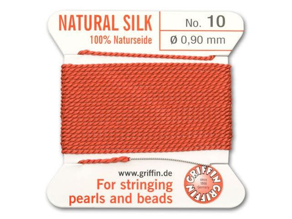 For a lovely shade of orange to complement the beads in your jewelry design, try this coral 100% silk cord made by Griffin. Its Size 10 size works well with beading holes that are 1mm or slightly larger. This card comes with two meters of silk already threaded with an easy-to-use flexible needle. Griffin uses a specific manufacturing process for their silk cord that puts just the right amount of tension on the thread and avoids tangling and knotting.