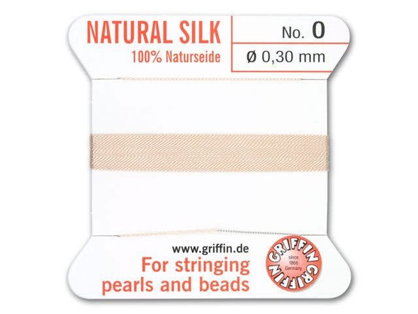 This light pink 100% silk Griffin cord features soft color that could even be substituted for cream in a pinch. It has a .30mm diameter, which can be threaded through freshwater pearls or other small-hole beads. The cord features a pre-threaded flexible stainless steel needle. Doubling the thread is unnecessary, and the cord can be easily knotted because the thread has the correct twist. The thread is approximately 79 inches long.