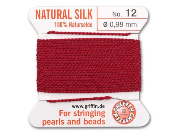 Design glamorous jewelry with this ruby red Griffin bead cord. Made from 100% silk, this beading cord is incredibly soft and luxurious. Also known as naturseide, silk cord is a desirable stringing material due to the fact that it can be easily knotted. This silk cord comes with an attached stainless steel needle at the end to save you threading time. Griffin bead cord is sold in a wide variety of colors; add interest to your jewelry designs by choosing a threading material of a contrasting color to the beading components.