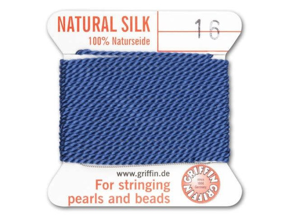 Enhance your designs with this blue 1.05mm Griffin bead cord. You can use it for braiding or for stringing beads. Silk is the traditional stringing material used by beaders for centuries, prized for its soft, smooth nature. Each 100% silk bead cord has a twisted stainless steel needle at the end to save threading time. Doubling the thread is unnecessary, and the cord can be easily knotted because the thread has the correct twist. Each card has approximately 79 inches of silk cord.