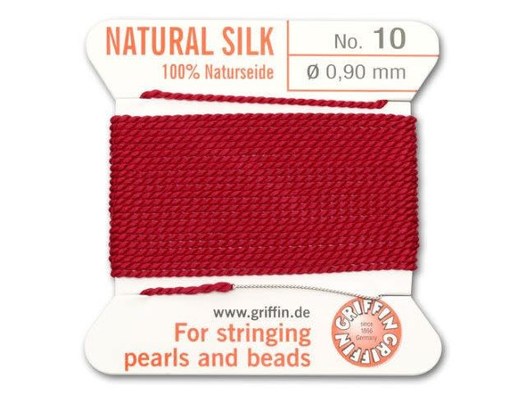 For a beautiful shade of red to complement the beads in your jewelry designs, try this Size 10 garnet 100% silk cord by Griffin. Griffin uses a specific manufacturing process for their silk cord that puts just the right amount of tension on the thread and avoids tangling and knotting. This silk cord comes in a two-meter section that ends with an attached easy-to-use flexible needle. You can use this cord for tin cup necklaces, woven jewelry, and mixed media projects.