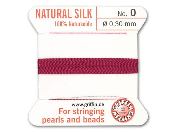This garnet 100% silk Griffin bead cord is characterized by a rich red coloring. Its .30mm diameter allows you to use it for beads with very small holes. Try using it to string Czech glass beads or colorful freshwater pearls. The thread is approximately 79 inches long and comes pre-threaded onto a flexible stainless steel needle. Doubling the thread is unnecessary, and the cord can be easily knotted because the thread has the correct twist.
