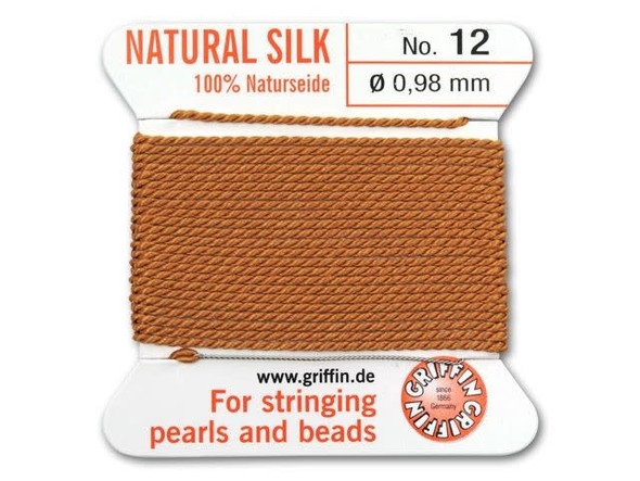 Create jewelry that is comfortable to wear using this Griffin bead cord Size 12 which is created from 100% silk for an incredibly soft feel. Also known as naturseide, silk cord is a desirable stringing material due to the fact that it can be easily knotted. This silk cord comes with an attached stainless steel needle at the end to save you threading time. Griffin bead cord is sold in a wide variety of colors; add interest to your jewelry designs by choosing a threading material of a contrasting color to the beading components. 
