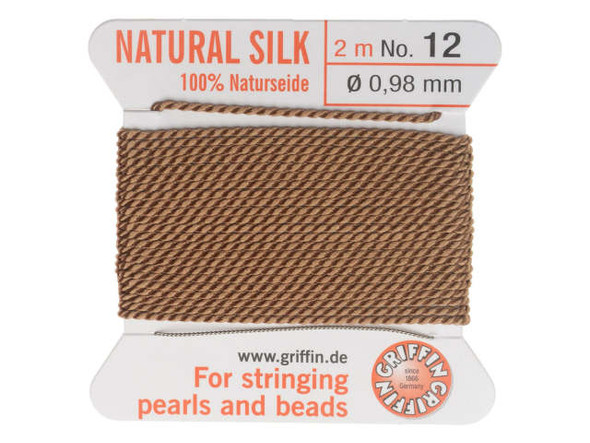 This Griffin bead cord Size 12 is made from 100% silk for an amazingly soft feel. Also known as naturseide, silk cord is a desirable stringing material due to the fact that it can be easily knotted. This silk cord comes with an attached stainless steel needle at the end to save you threading time. Griffin bead cord is sold in a wide variety of colors; add interest to your jewelry designs by choosing a threading material of a contrasting color to the beading components. This neutral color is great for pairing with earthy tones or lighter color palettes.