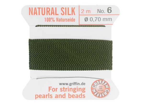 Griffin Silk Beading Cord & Needle, Size 6 (0.7mm), 2 Meters, Olive