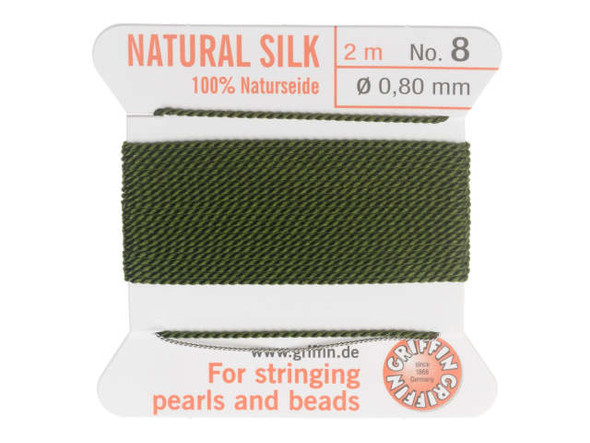 Griffin Silk Beading Cord & Needle, Size 8 (0.8mm), 2 Meters, Olive