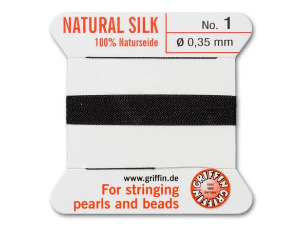 The black Griffin silk beading cord is perfect for knotting between freshwater pearls, PRESTIGE Crystal Components pearls, or any of your favorite beads. Soft and smooth, silk jewelry cord has been the choice of beaders for centuries. Try knotting with a contrasting color, or using the bead cord to make tin cup necklaces out of the brightly colored silk. Each 100% silk bead cord has a twisted stainless steel needle at the end, which saves threading time. Doubling the thread is unnecessary, and the cord can be easily knotted because the thread has the correct twist. Each card contains approximately 79 inches of cord. 