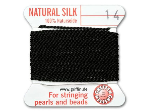 Black often provides the perfect backdrop for jewelry designs, which is why this Griffin 100% silk bead cord is nice to have on hand. The size Size 14 cord is easy to knot or weave and provides beads with a nice drape when strung. This card comes with two meters of silk already threaded with an easy-to-use flexible needle. Griffin uses a specific manufacturing process for their silk cord that puts just the right amount of tension on the thread and avoids tangling and knotting.