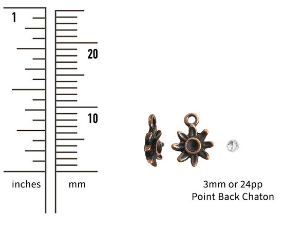 Add a flowery touch to your designs with this tiny bezel daisy charm from Nunn Design. This charm features a daisy shape with a round bezel in the center. This bezel has a 3mm diameter and works well with 24pp size chatons. There is a loop at the top of the charm which makes it easy to add to your designs. This charm features a warm copper color. Bezel Dimensions: Inner Diameter 3mm