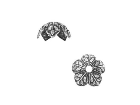 Start your looks off right with just a touch of cool flair with this Nunn Design bead cap. This domed cap is shaped like a five-petal flower that wraps its petals down around your desired bead. Finished in a vintage silver color, this finding is detailed with delicate lines along its surface that brings dimension to your design. Use bead caps to dress up beads by threading them on a head pin or stringing tightly on your strand. Diameter 9mm, Fits Bead Size 8mm, Hole Size 1.29mm/16 gauge, Length 5mm
