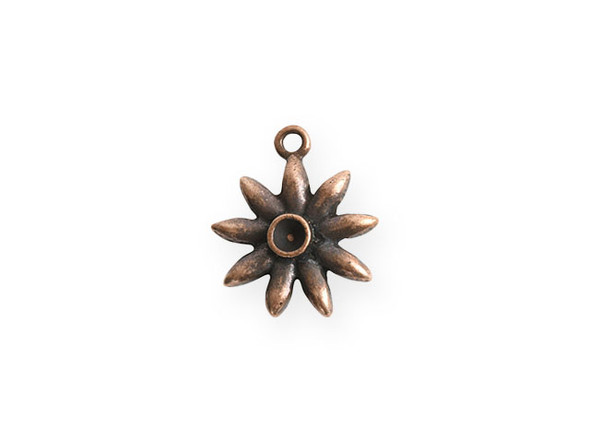 Bring floral style to your designs with this tiny bezel burst pendant from Nunn Design. This pendant features a starburst shape that resembles a flower and has round bezel in the center. This bezel has a 3mm diameter and works well with 24pp size chatons. There is a loop at the top of the pendant which makes it easy to add to your designs. This pendant features a warm copper color. Bezel Dimensions: Inner Diameter 3mm