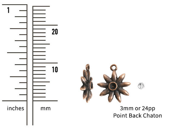 Bring floral style to your designs with this tiny bezel burst pendant from Nunn Design. This pendant features a starburst shape that resembles a flower and has round bezel in the center. This bezel has a 3mm diameter and works well with 24pp size chatons. There is a loop at the top of the pendant which makes it easy to add to your designs. This pendant features a warm copper color. Bezel Dimensions: Inner Diameter 3mm