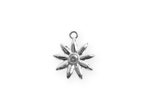 Bring floral style to your designs with this tiny bezel burst pendant from Nunn Design. This pendant features a starburst shape that resembles a flower and has round bezel in the center. This bezel has a 3mm diameter and works well with 24pp size chatons. There is a loop at the top of the pendant which makes it easy to add to your designs. This pendant features a versatile silver shine. Bezel Dimensions: Inner Diameter 3mm