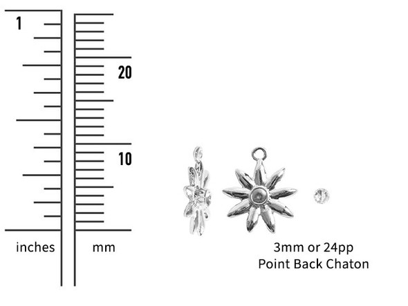 Bring floral style to your designs with this tiny bezel burst pendant from Nunn Design. This pendant features a starburst shape that resembles a flower and has round bezel in the center. This bezel has a 3mm diameter and works well with 24pp size chatons. There is a loop at the top of the pendant which makes it easy to add to your designs. This pendant features a versatile silver shine. Bezel Dimensions: Inner Diameter 3mm
