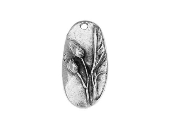 Put floral flair into your style with this Nunn Design charm. This charm features an organic oval shape and features a raised design of beautiful wildflowers of the Pacific Northwest. These lovely flowers look like they are just about to bloom. The back of this charm is plain. A small hole at the top of the charm makes it easy to add to designs. Add it to earrings or use it as the focal of a delicate necklace. It features a versatile silver shine that you can pair with any color palette. Hole Size 1.63mm/14 gauge, Length 28mm, Width 14mm