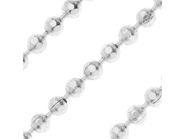 This faceted ball chain is from the Elements of Inspiration collection by Nunn Design. This silver-plated chain features a bright finish. The ball links are faceted on each side. This ball chain is great for use in necklace or bracelet designs. Measurements: Each ball is 2mm in diameter. There is one link between each ball. Each link is 1mm long.