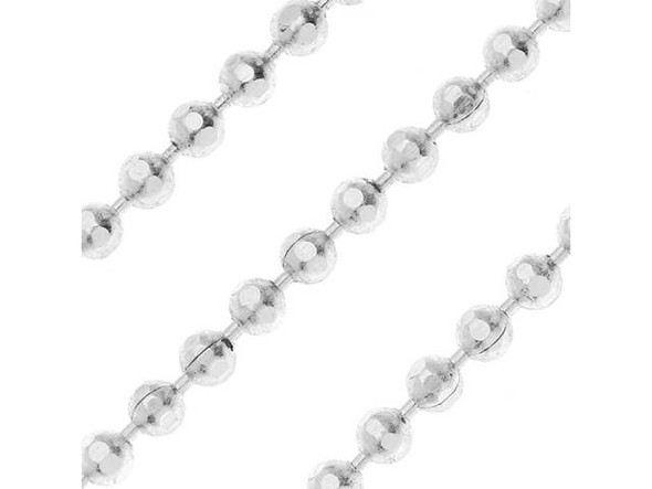 This faceted ball chain is from the Elements of Inspiration collection by Nunn Design. This silver-plated chain features a bright finish. The ball links are faceted on each side. This ball chain is great for use in necklace or bracelet designs. Measurements: Each ball is 2mm in diameter. There is one link between each ball. Each link is 1mm long.