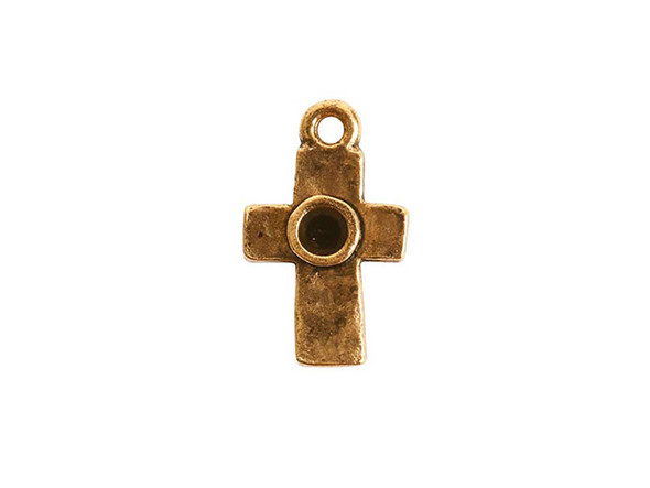 Bring a meaningful element to your designs with this tiny bezel rustic cross pendant from Nunn Design. This pendant features a simple cross shape with a small bezel in the middle. This bezel can be used to set a crystal or can be used with epoxy clay or other mixed media elements. The bezel has a diameter of 3mm and is well suited to a 24pp size chaton. This pendant has a classic gold color. Bezel Dimensions: Inner Diameter 3mm