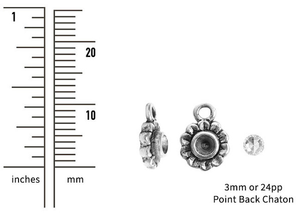 Bring floral style to your designs with this tiny bezel aster charm from Nunn Design. This charm features a flower shape with a round bezel in the center. This bezel has a 3mm diameter and works well with 24pp size chatons. There is a loop at the top of the charm which makes it easy to add to your designs. This charm features an antique silver color. Bezel Dimensions: Inner Diameter 3mm