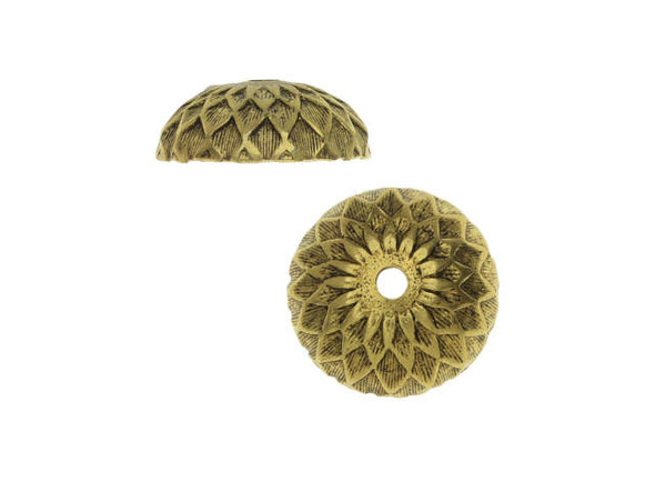 Make your style stand out even more with this Nunn Design bead cap. This bead cap features a rounded shape and beautiful texture, giving it the look of the cap of an acorn. Layer it with your favorite beads for an unforgettable display of style. It would look wonderful with Czech glass beads, PRESTIGE Crystal Components pearls, and more. Use one on either side of a bead for a unique showcase or use it at the top of a dangle. This cap features a rich golden color, perfect for classic color palettes. Diameter 13mm, Fits Bead Size 12mm, Hole Size 1.63mm/14 gauge, Length 5mm