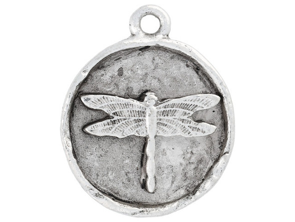 Bring dragonfly beauty to your designs with this small round dragonfly charm from Nunn Design. This small charm has a circular shape and features a raised design of a dragonfly in the center.  The back is plain. There is a loop at the top of the charm, so it is easy to add it to your designs. This charm has an antique silver color.