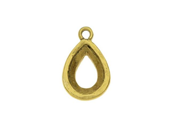 Go for an elegant style with this Nunn Design charm. This bezel charm features an opening for a 14mm pear stone. It displays a beautiful hammered texture that adds organic style to the piece. The cut-out at the back of the bezel allows a faceted stone to fit perfectly within the bezel. Use the small loop at the top of the charm to attach this piece to your jewelry designs. It's perfect for dangling earrings or a small focal in a delicate necklace. It features a rich gold color full of classic beauty. Opening Length 14mm Opening Width 10mm