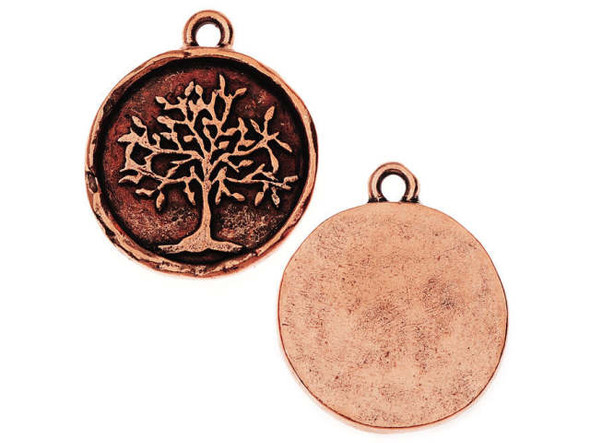 Display beauty in your designs with the Nunn Design copper-plated pewter tree of life charm. This circular charm features a raised design of a tree with many branches and leaves. This noble looking charm makes a great symbol of wisdom and knowledge in designs. The back of the charm is flat and smooth. You can use this charm as a small pendant or in charm bracelets. It features a warm copper glow. Hole Size 1.6mm/14 gauge, Length 23.5mm, Width 20mm