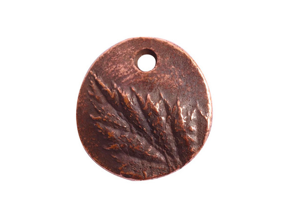 Add a leafy touch to your designs with this small berry leaf charm from Nunn Design. This charm is disc-shaped and features a raised design of leaves on the front.  The back is flat and plain. There is a hole at the top of the charm so it is easy to add it to your designs. This charm features a warm antique copper color. Diameter: 12mm, Hole Size: 2.0mm