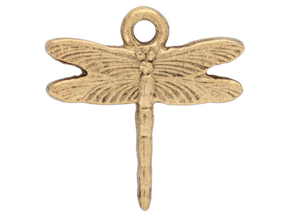 You&rsquo;ll love this small dragonfly charm from Nunn Design. This charm is shaped like a dragonfly with a detailed body and wings. There is a loop at the top of the charm, so it is easy to add it to your deigns. This charm has a golden color.
