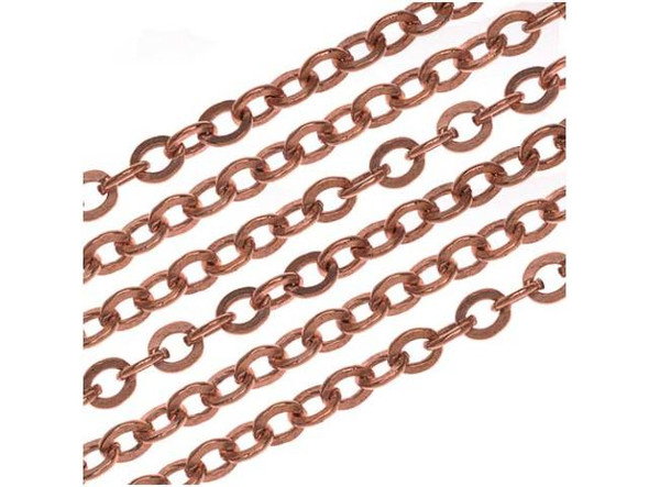 Start your next necklace or bracelet design with this Antiqued Copper Plated Brass Flat Cable Chain from Nunn Design. This chain features flat oval links. The plating and finishes are designed to match all Patera findings. Measurements: Chain is 3.6mm wide. Each link is approximately 4mm long and .45mm thick.
