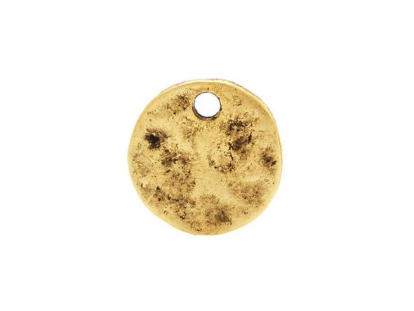 Make your designs stand out with the Nunn Design gold-plated pewter mini hammered flat circle tag charm. This charm is flat and circular in shape. The stringing hole is drilled through the top, so you can easily add it to designs. It is versatile in size, so you can dangle it from necklaces, bracelets or even earrings. Use metal stamping to create a personalized look. The hammered texture will add an interesting look to designs. This charm features a golden shine full of regal style. Diameter 12.5mm, Hole Size 1.6mm/14 gauge