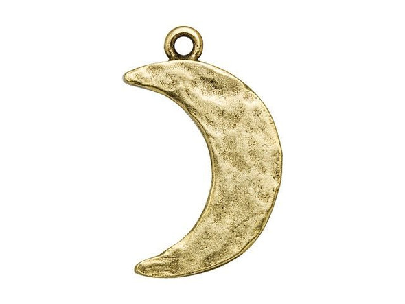 Get inspired by night style with this Nunn Design charm. This flat charm takes on the simple shape of a crescent moon. It features a hammered surface full of organic, artisan style, giving it a handmade look. This charm makes a great stand-alone accent, or it can be metal stamped or engraved upon. Use the small loop at the top to attach it to necklaces, bracelets, and even earrings. This charm displays a regal golden glow full of classic beauty.